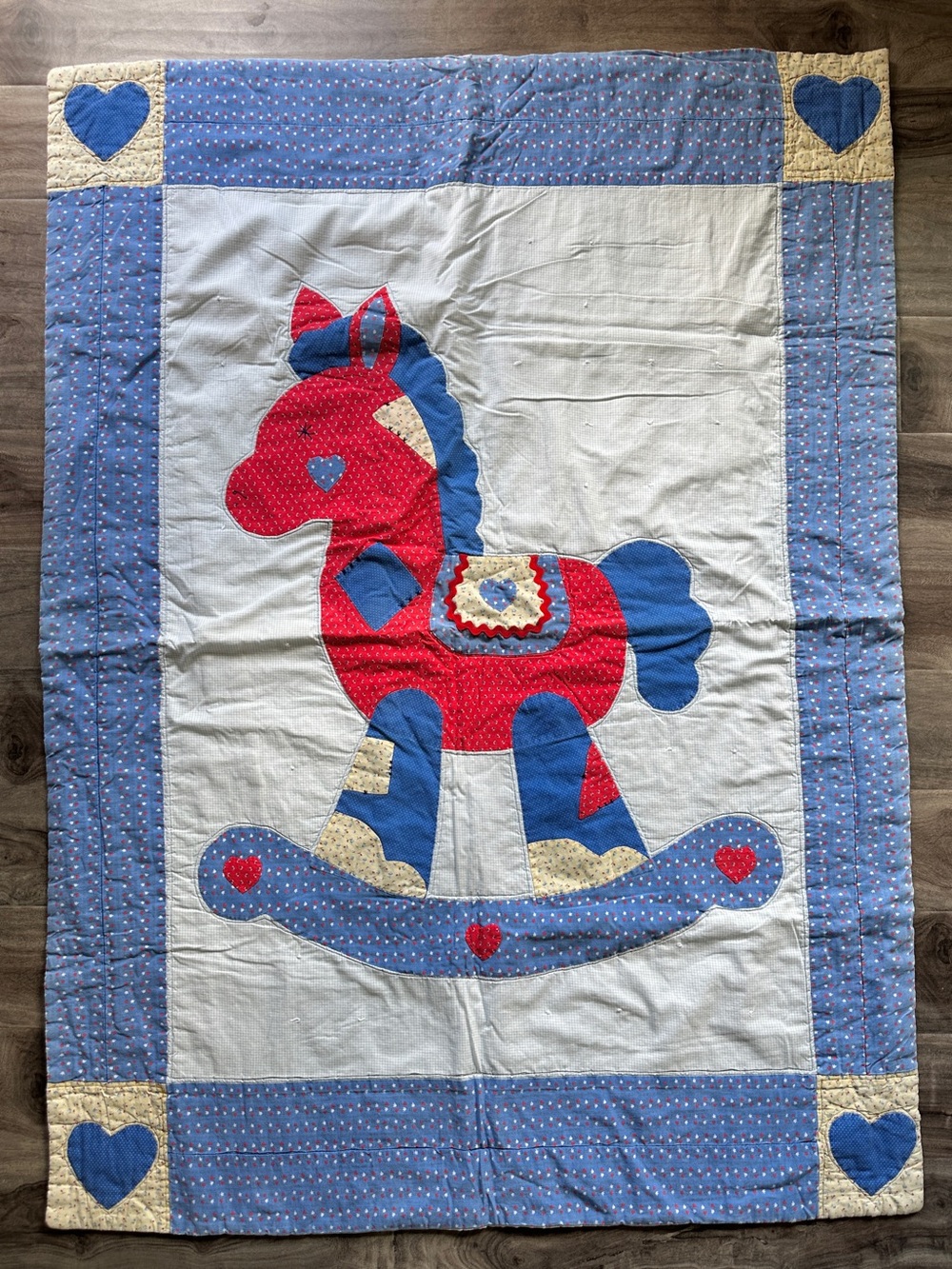 Vintage Blue & Red Rocking Horse Baby Quilt Play Blanket 70s Retro Handmade